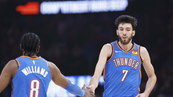 Dec 26, 2023; Oklahoma City, Oklahoma, USA; Oklahoma City Thunder forward Chet Holmgren (7) celebrates with Oklahoma City Thunder forward Jalen Williams (8) after scoring against the Minnesota Timberwolves during the first quarter at Paycom Center. Mandatory Credit: Alonzo Adams-USA TODAY Sports