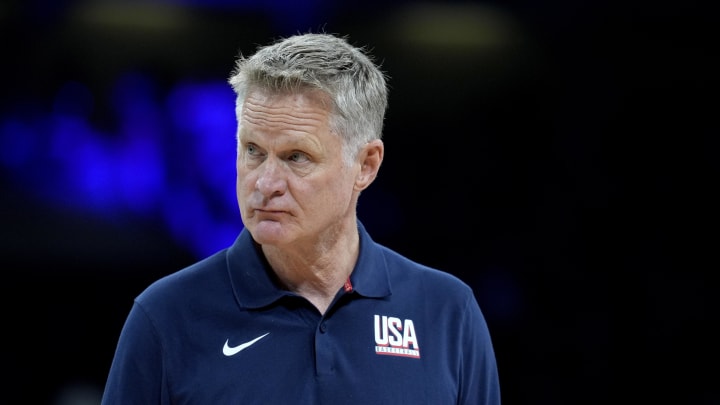 Jul 31, 2024; Villeneuve-d'Ascq, France; United States head coach Steve Kerr in the second quarter against South Sudan during the Paris 2024 Olympic Summer Games at Stade Pierre-Mauroy. 