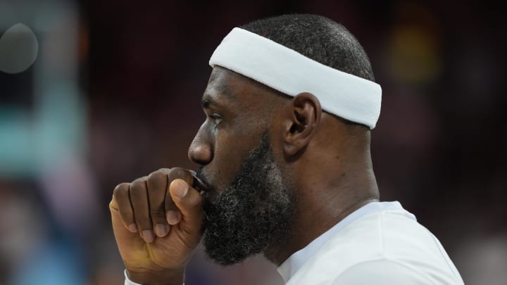 Aug 3, 2024; Villeneuve-d'Ascq, France; United States guard LeBron James (6) warms up before a game against Puerto Rico during the Paris 2024 Olympic Summer Games at Stade Pierre-Mauroy. 