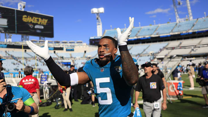Jacksonville Jaguars safety Andre Cisco (5) claps for fans after an NFL football matchup Sunday, Oct. 15, 2023 at EverBank Stadium in Jacksonville, Fla. The Jacksonville Jaguars defeated the Indianapolis Colts 37-20. [Corey Perrine/Florida Times-Union]