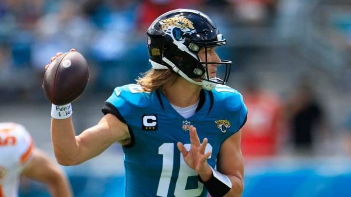 Jacksonville Jaguars quarterback Trevor Lawrence (16) looks to pass during the first quarter of a NFL football game Sunday, Sept. 17, 2023 at EverBank Stadium in Jacksonville, Fla. The Kansas City Chiefs defeated the Jacksonville Jaguars 17-9. [Corey Perrine/Florida Times-Union]