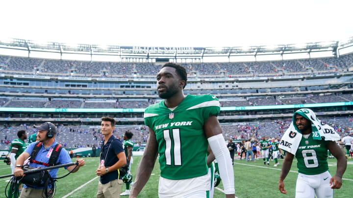 New York Jets wide receiver Denzel Mims (11) walks off the field after a 31-27 win over the New York Giants in a preseason game at MetLife Stadium on Sunday, August 28, 2022.

Nfl Giants Vs Jets Preseason Game Giants At Jets