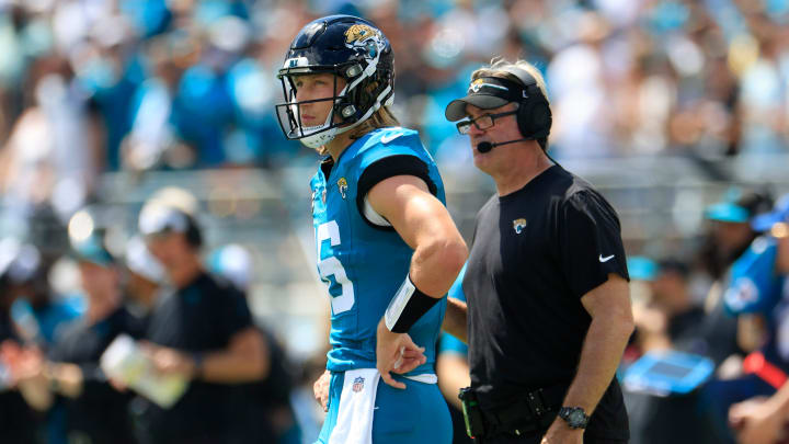 Jacksonville Jaguars quarterback Trevor Lawrence (16) and head coach Doug Pederson look on from the sideline during the first quarter of a NFL football game Sunday, Sept. 17, 2023 at EverBank Stadium in Jacksonville, Fla. The Kansas City Chiefs defeated the Jacksonville Jaguars 17-9. [Corey Perrine/Florida Times-Union]