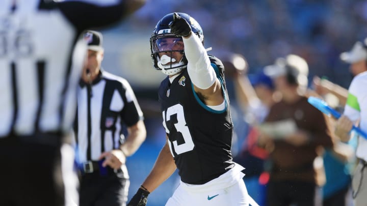Jacksonville Jaguars wide receiver Christian Kirk (13) signals a first down during the third quarter an NFL football matchup Sunday, Nov. 19, 2023 at EverBank Stadium in Jacksonville, Fla. The Jacksonville Jaguars defeated the Tennessee Titans 34-14. [Corey Perrine/Florida Times-Union]