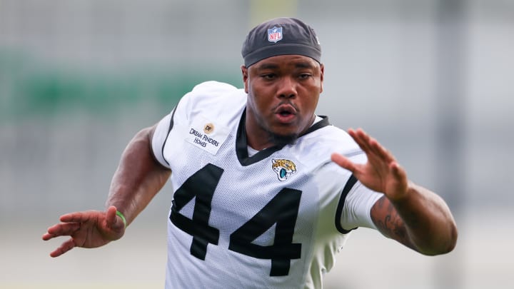 Jul 26, 2024; Jacksonville, FL, USA; Jacksonville Jaguars linebacker Travon Walker (44) participates in training camp at Miller Electric Center. Mandatory Credit: Nathan Ray Seebeck-USA TODAY Sports