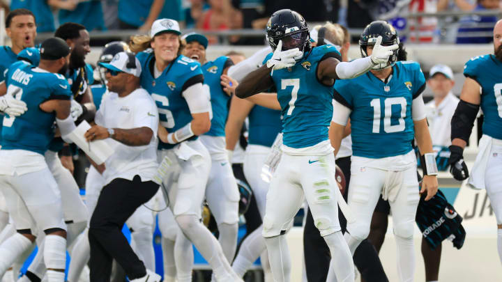 Jacksonville Jaguars wide receiver Brian Thomas Jr. (7) reacts to his reception during the first quarter of a preseason NFL football game Saturday, Aug. 10, 2024 at EverBank Stadium in Jacksonville, Fla. [Corey Perrine/Florida Times-Union]