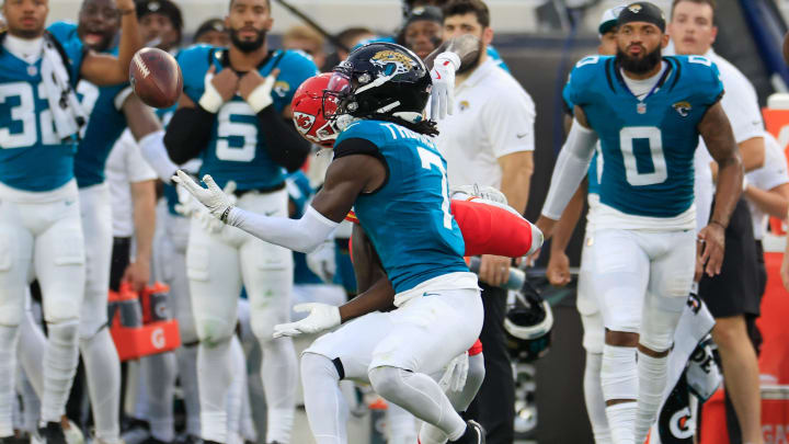 Jacksonville Jaguars wide receiver Brian Thomas Jr. (7) hauls in a reception against Kansas City Chiefs cornerback Joshua Williams (2) during the first quarter of a preseason NFL football game Saturday, Aug. 10, 2024 at EverBank Stadium in Jacksonville, Fla. [Corey Perrine/Florida Times-Union]