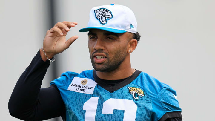 Jacksonville Jaguars wide receiver Christian Kirk (13) walks on the field during a combined NFL football training camp session between the Tampa Bay Buccaneers and Jacksonville Jaguars Wednesday, Aug. 14, 2024 at EverBank Stadium’s Miller Electric Center in Jacksonville, Fla. [Corey Perrine/Florida Times-Union]