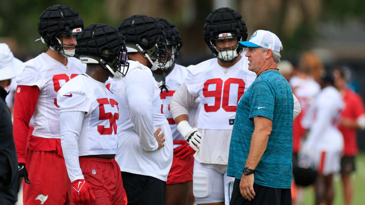 Jacksonville Jaguars head coach Doug Pederson talks to members of the Tampa Bay Buccaneers during a combined NFL football training camp session between the Tampa Bay Buccaneers and Jacksonville Jaguars Thursday, Aug. 15, 2024 at EverBank Stadium’s Miller Electric Center in Jacksonville, Fla. [Corey Perrine/Florida Times-Union]