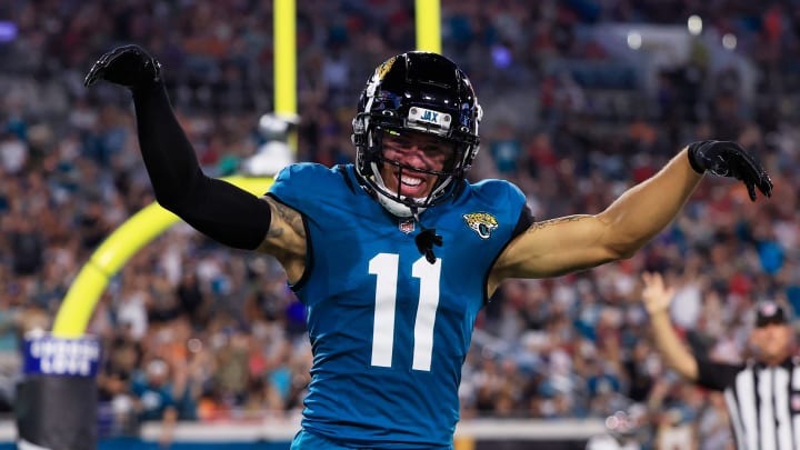 Jacksonville Jaguars wide receiver Parker Washington (11) reacts to his touchdown score during the second quarter of a preseason NFL football game Saturday, Aug. 17, 2024 at EverBank Stadium in Jacksonville, Fla. [Corey Perrine/Florida Times-Union]