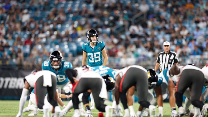 Aug 17, 2024; Jacksonville, Florida, USA; Jacksonville Jaguars kicker Cam Little (39) looks to kick a field goal against the Tampa Bay Buccaneers in the third quarter during a preseason game at EverBank Stadium. Mandatory Credit: Nathan Ray Seebeck-USA TODAY Sports