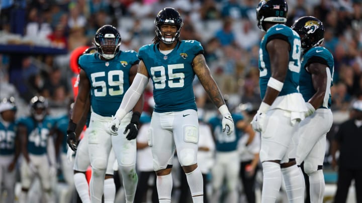 Aug 10, 2024; Jacksonville, Florida, USA; Jacksonville Jaguars defensive tackle Roy Robertson-Harris (95) lines up against the Kansas City Chiefs in the second quarter during preseason at EverBank Stadium. Mandatory Credit: Nathan Ray Seebeck-USA TODAY Sports