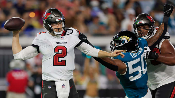 Jacksonville Jaguars defensive end Trevis Gipson (50) pressures Tampa Bay Buccaneers quarterback Kyle Trask (2) during the second quarter of a preseason NFL football game Saturday, Aug. 17, 2024 at EverBank Stadium in Jacksonville, Fla. The Jacksonville Jaguars defeated the Tampa Bay Buccaneers 20-7. [Corey Perrine/Florida Times-Union]