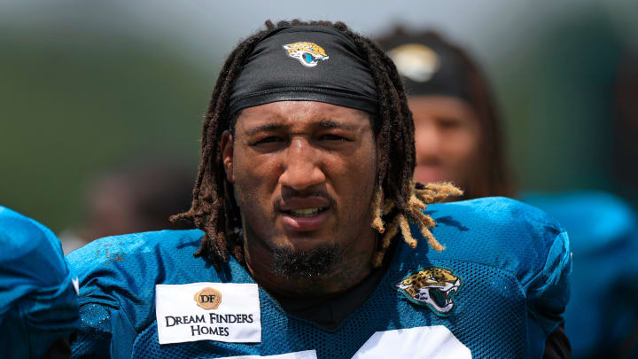 Jacksonville Jaguars defensive end Trevis Gipson (50) walks off the field during a combined NFL football training camp session between the Tampa Bay Buccaneers and Jacksonville Jaguars Wednesday, Aug. 14, 2024 at EverBank Stadium’s Miller Electric Center in Jacksonville, Fla. [Corey Perrine/Florida Times-Union]