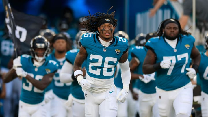 Jacksonville Jaguars safety Antonio Johnson (26) runs on the field before a preseason NFL football game Saturday, Aug. 17, 2024 at EverBank Stadium in Jacksonville, Fla. The Jacksonville Jaguars defeated the Tampa Bay Buccaneers 20-7. [Corey Perrine/Florida Times-Union]