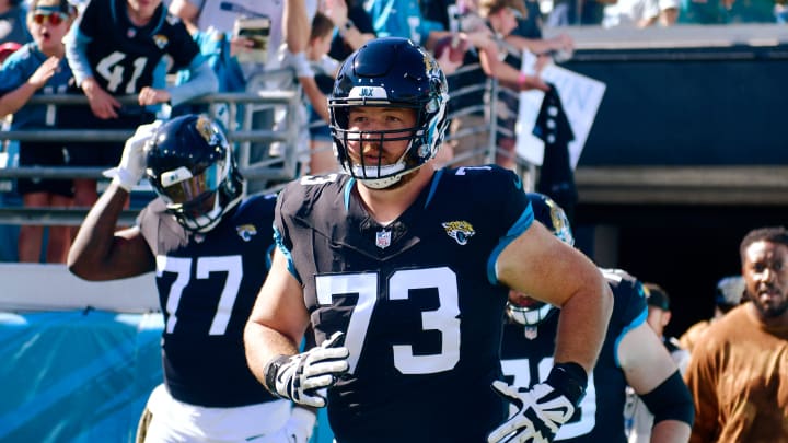 Jacksonville Jaguars guard Blake Hance (73) runs on the field before an NFL football matchup Sunday, Nov. 19, 2023 at EverBank Stadium in Jacksonville, Fla. The Jacksonville Jaguars defeated the Tennessee Titans 34-14. [Corey Perrine/Florida Times-Union]