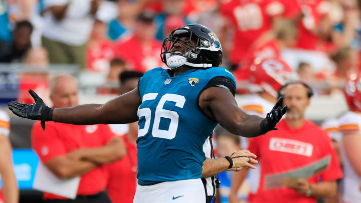 Jacksonville Jaguars linebacker Yasir Abdullah (56) reacts to his sack on Kansas City Chiefs quarterback Carson Wentz (11), not shown, during the first quarter of a preseason NFL football game Saturday, Aug. 10, 2024 at EverBank Stadium in Jacksonville, Fla. [Corey Perrine/Florida Times-Union]