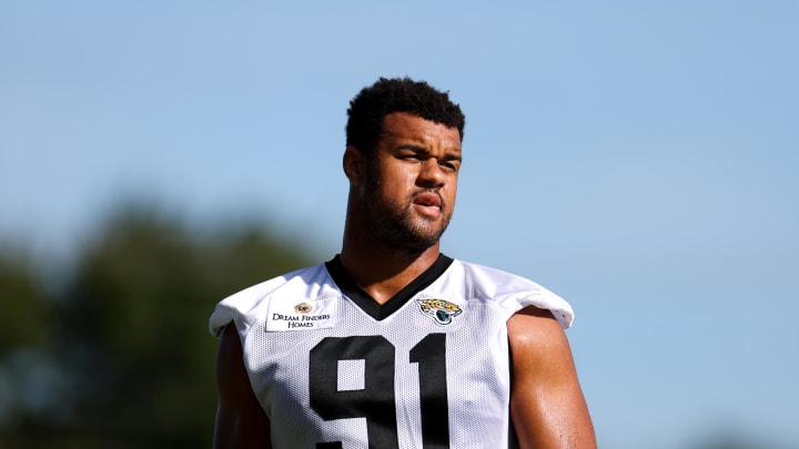 Jul 24, 2024; Jacksonville, FL, USA; Jacksonville Jaguars defensive end Arik Armstead (91) participates in training camp at Miller Electric Center. Mandatory Credit: Nathan Ray Seebeck-USA TODAY Sports