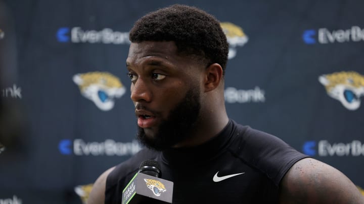 Jacksonville Jaguars defensive end Josh Hines-Allen (41) speaks while being interviewed after a combined NFL football training camp session between the Tampa Bay Buccaneers and Jacksonville Jaguars Wednesday, Aug. 14, 2024 at EverBank Stadium’s Miller Electric Center in Jacksonville, Fla. [Corey Perrine/Florida Times-Union]