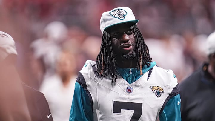 Aug 23, 2024; Atlanta, Georgia, USA; Jacksonville Jaguars wide receiver Brian Thomas Jr. (7) shown on the field against the Atlanta Falcons at Mercedes-Benz Stadium. Mandatory Credit: Dale Zanine-USA TODAY Sports