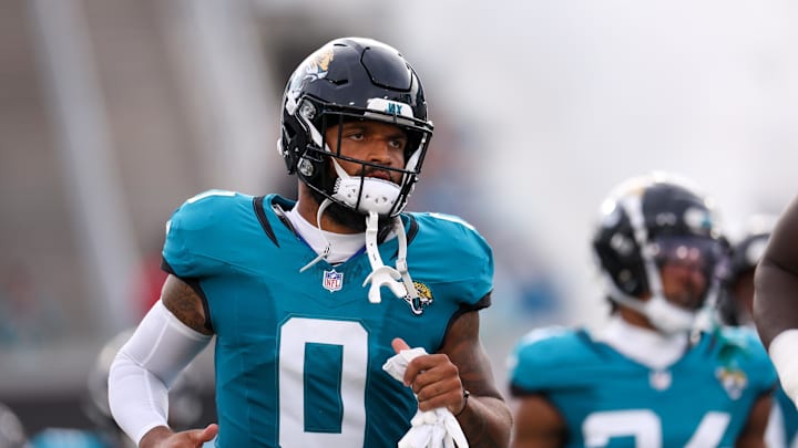 Aug 10, 2024; Jacksonville, Florida, USA; Jacksonville Jaguars wide receiver Gabe Davis (0) takes the field for a preseason game against the Kansas City Chiefs at EverBank Stadium. Mandatory Credit: Nathan Ray Seebeck-USA TODAY Sports