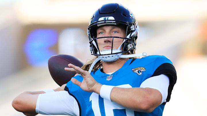 Jacksonville Jaguars quarterback Trevor Lawrence (16) warms up before a preseason NFL football game Saturday, Aug. 17, 2024 at EverBank Stadium in Jacksonville, Fla. [Corey Perrine/Florida Times-Union]