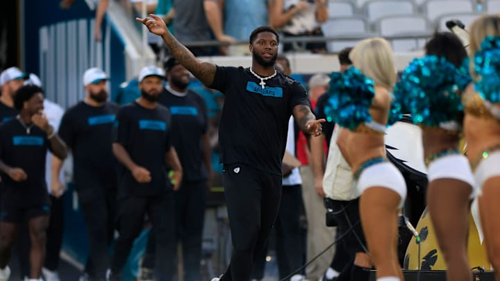 Jacksonville Jaguars defensive end Josh Hines-Allen (41) walks on the field before a preseason NFL football game Saturday, Aug. 17, 2024 at EverBank Stadium in Jacksonville, Fla. The Jacksonville Jaguars defeated the Tampa Bay Buccaneers 20-7. [Corey Perrine/Florida Times-Union]