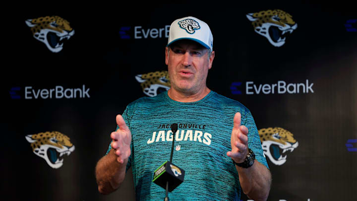 Jacksonville Jaguars head coach Doug Pederson answers questions from members of the media during a combined NFL football training camp session between the Tampa Bay Buccaneers and Jacksonville Jaguars Thursday, Aug. 15, 2024 at EverBank Stadium’s Miller Electric Center in Jacksonville, Fla. [Corey Perrine/Florida Times-Union]