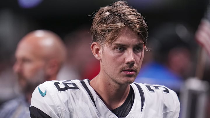 Aug 23, 2024; Atlanta, Georgia, USA; Jacksonville Jaguars kicker Cam Little (39) shown against the Atlanta Falcons at Mercedes-Benz Stadium. Mandatory Credit: Dale Zanine-Imagn Images