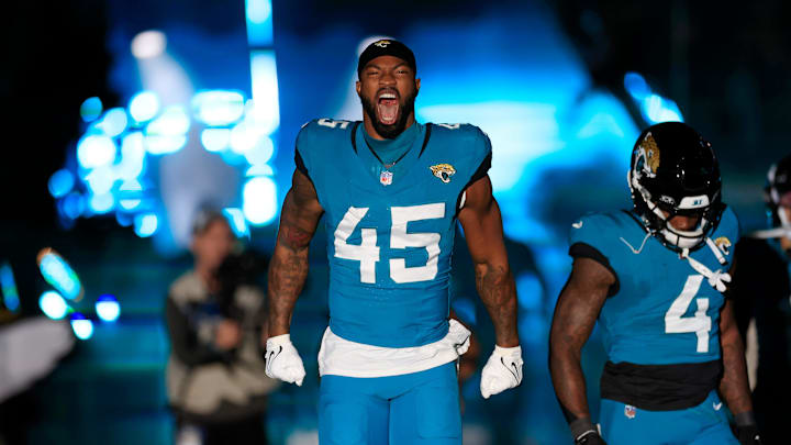 Jacksonville Jaguars linebacker K'Lavon Chaisson (45) yells during the team introduction before a regular season NFL football matchup Sunday, Dec. 17, 2023 at EverBank Stadium in Jacksonville, Fla. The Baltimore Ravens defeated the Jacksonville Jaguars 23-7. [Corey Perrine/Florida Times-Union]