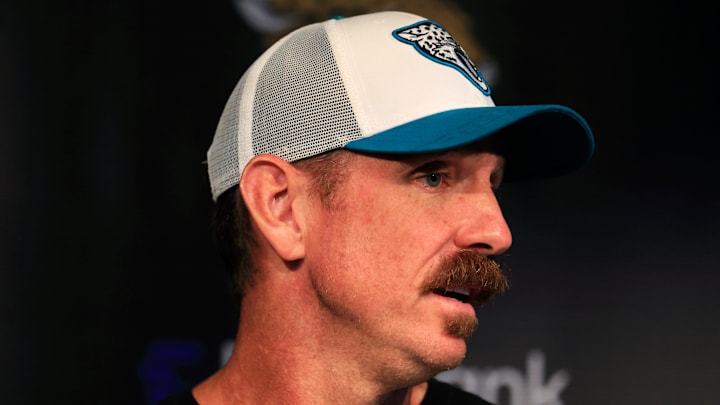 Jacksonville Jaguars defensive coordinator Ryan Nielsen speaks to members of the media during a combined NFL football training camp session between the Tampa Bay Buccaneers and Jacksonville Jaguars Wednesday, Aug. 14, 2024 at EverBank Stadium’s Miller Electric Center in Jacksonville, Fla. [Corey Perrine/Florida Times-Union]