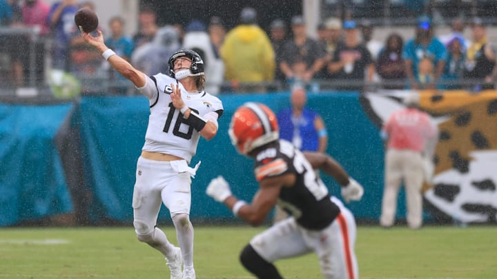 Jacksonville Jaguars quarterback Trevor Lawrence (16) throws up a Hail Mary during the fourth quarter of an NFL football matchup Sunday, Sept. 15, 2024 at EverBank Stadium in Jacksonville, Fla. The Browns defeated the Jaguars 18-13. [Corey Perrine/Florida Times-Union]