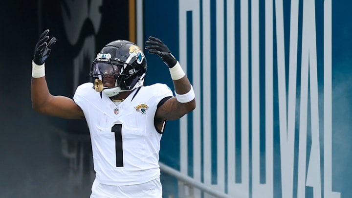 Jacksonville Jaguars running back Travis Etienne Jr. (1) is introduced before an NFL football matchup Sunday, Sept. 15, 2024 at EverBank Stadium in Jacksonville, Fla. The Browns defeated the Jaguars 18-13. [Corey Perrine/Florida Times-Union]