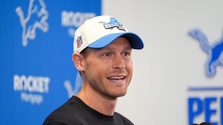 Offensive Coordinator Ben Johnson speaks to the media during the Detroit Lions training camp at the Lions headquarters in Allen Park, Mich. on Thursday, Aug. 1, 2024.