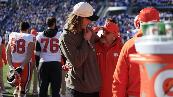 Jacksonville Jaguars quarterback Trevor Lawrence talks on the Clemson sideline during the third quarter of an NCAA football matchup in the TaxSlayer Gator Bowl Friday, Dec. 29, 2023 at EverBank Stadium in Jacksonville, Fla. The Clemson Tigers edged the Kentucky Wildcats 38-35. [Corey Perrine/Florida Times-Union]