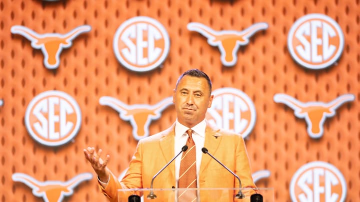 Jul 17, 2024; Dallas, TX, USA; Texas head coach Steve Sarkisian speaking at Omni Dallas Hotel. Mandatory Credit: Brett Patzke-USA TODAY Sports