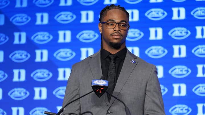 Jul 24, 2024; Charlotte, NC, USA; Duke Blue Devils quarterback Maalik Murphy speaks to the media during the ACC Kickoff at Hilton Charlotte Uptown. Mandatory Credit: Jim Dedmon-USA TODAY Sports