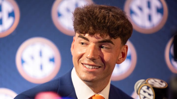 Jul 17, 2024; Dallas, TX, USA; Florida quarterback Graham Mertz speaking to the media at Omni Dallas Hotel. Mandatory Credit: Brett Patzke-USA TODAY Sports