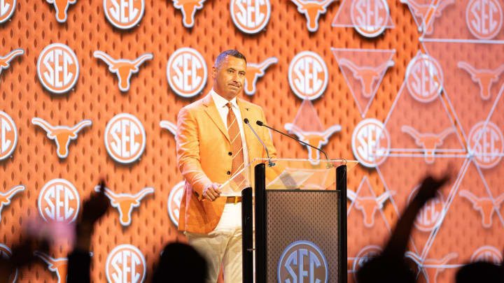 Jul 17, 2024; Dallas, TX, USA; Texas head coach Steve Sarkisian speaking at Omni Dallas Hotel. Mandatory Credit: Brett Patzke-USA TODAY Sports