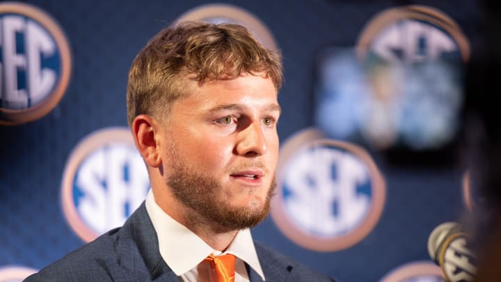 Jul 17, 2024; Dallas, TX, USA; Texas quarterback Quinn Ewers speaking at Omni Dallas Hotel. Mandatory Credit: Brett Patzke-USA TODAY Sports