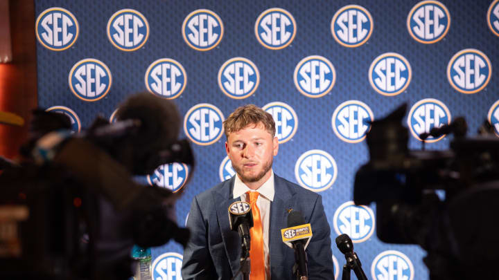 Jul 17, 2024; Dallas, TX, USA; Texas quarterback Quinn Ewers speaking at Omni Dallas Hotel. Mandatory Credit: Brett Patzke-USA TODAY Sports