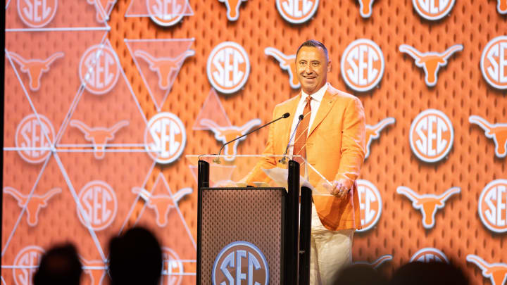 Jul 17, 2024; Dallas, TX, USA; Texas head coach Steve Sarkisian speaking at Omni Dallas Hotel. Mandatory Credit: Brett Patzke-USA TODAY Sports