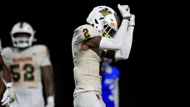 Mandarin's Jaime Ffrench Jr. (2) celebrates his touchdown score during the third quarter of a regular season high school football matchup Friday, Sept. 8, 2023 at Riverside High School in Jacksonville, Fla. The Mandarin Mustangs defeated the Riverside Generals 50-20. [Corey Perrine/Florida Times-Union]