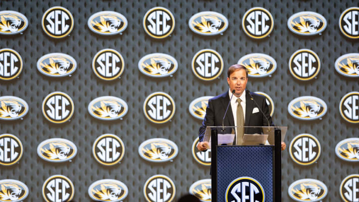 Jul 16, 2024; Dallas, TX, USA; Missouri head coach Eliah Drinkwitz speaking at Omni Dallas Hotel. 