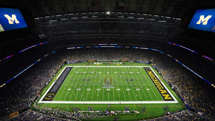 Jan 8, 2024; Houston, TX, USA; A general view as the Michigan Wolverines marching band performs during halftime during the 2024 College Football Playoff national championship game between the Michigan Wolverines and Washington Huskies at NRG Stadium. Mandatory Credit: James Lang-USA TODAY Sports