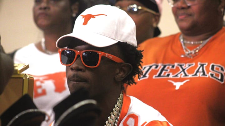 Mandarin wide receiver Jaime Ffrench Jr. speaks with reporters after committing to Texas on August 30, 2024. [Clayton Freeman/Florida Times-Union]