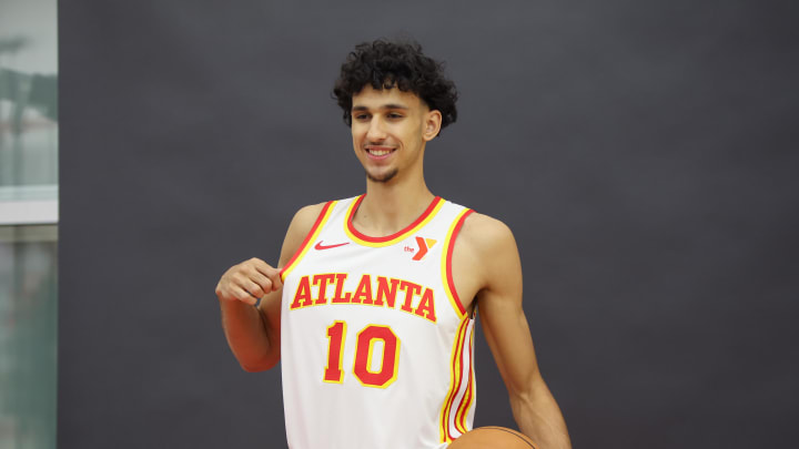 Jun 28, 2024; Atlanta, Georgia, USA; Atlanta Hawks first overall draft pick Zaccharie Risacher (10) poses for a photo at the Emory Sports Medicine Complex. Mandatory Credit: Brett Davis-USA TODAY Sports