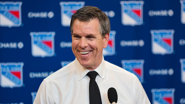 Apr 5, 2026; New York, New York, USA; New York Rangers head coach Mike Sullivan speaks to reporters after an 8-1 win against the Washington Capitals at Madison Square Garden. 