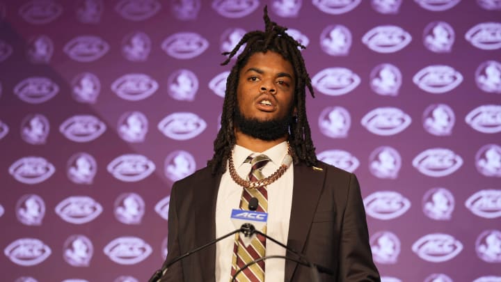 Jul 22, 2024; Charlotte, NC, USA; Florida State defensive end Patrick Payton speaks to the media during ACC Kickoff at Hilton Charlotte Uptown. Mandatory Credit: Jim Dedmon-USA TODAY Sports