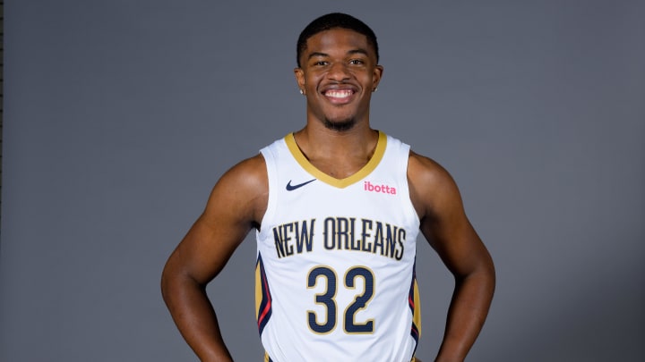 Oct 2, 2023; New Orleans, LA, USA; New Orleans Pelicans forward E.J. Liddell (32) poses during Media Day at the Smoothie King Center.